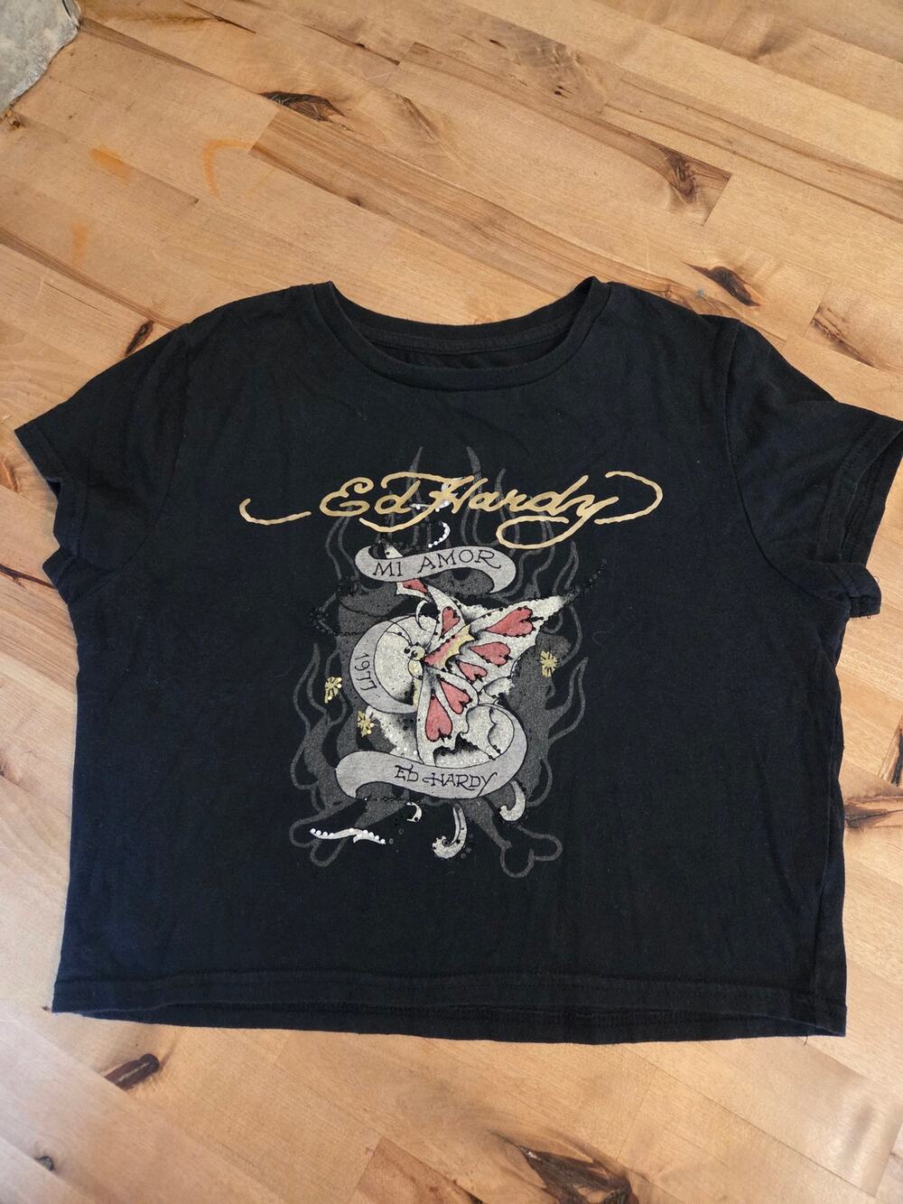 Ed Hardy Mi Amor Butterfly Cropped Baby Tee Black Rhinestone Size L